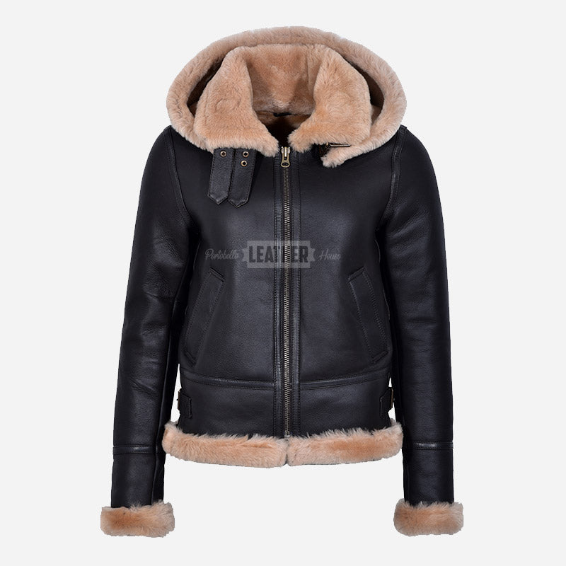 VELSERA Women's Sheepskin Jacket with Hood Brown