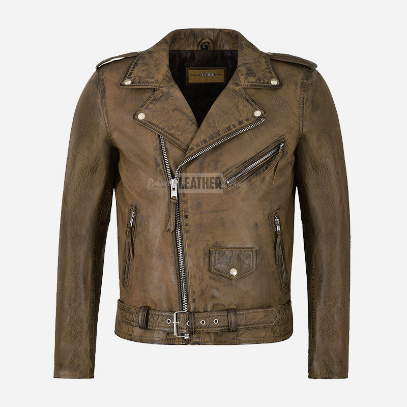 BRUZE Classic Leather Biker Jacket Dirty Brown