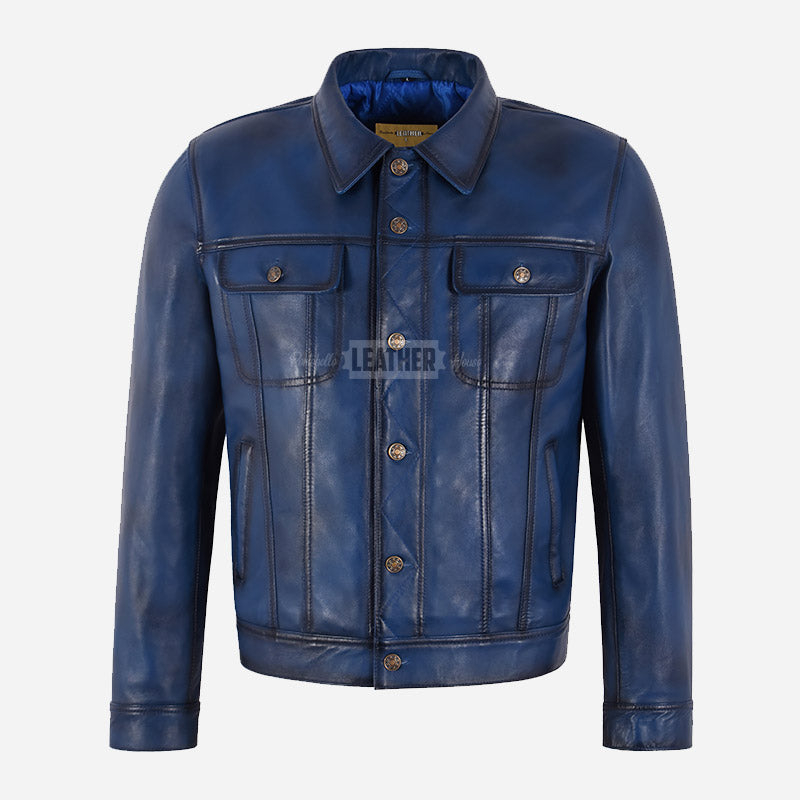 JAXLEY Men's Leather Trucker Denim Jacket