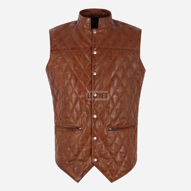 PETRICK Mandarin Collar Quilted Leather Waistcoat
