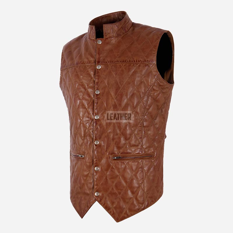 PETRICK Mandarin Collar Quilted Leather Waistcoat