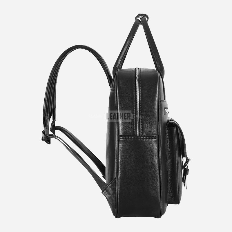 Unisex Black Leather Backpack Laptop Bag