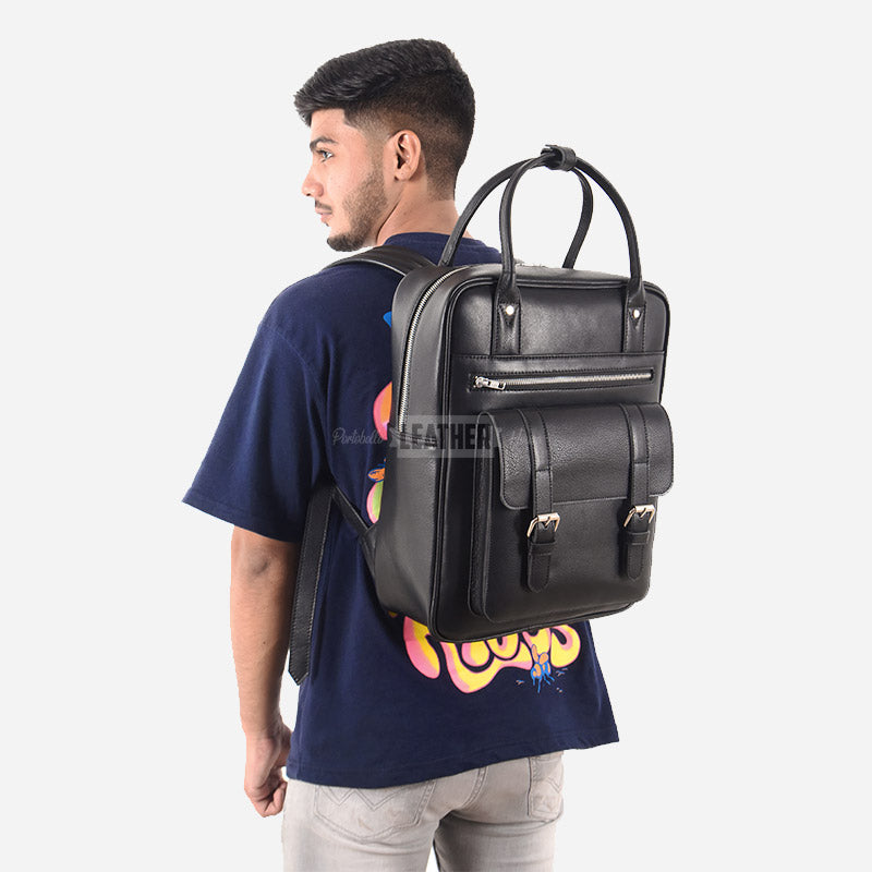 Unisex Black Leather Backpack Laptop Bag