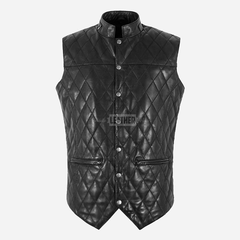 PETRICK Mandarin Collar Quilted Leather Waistcoat