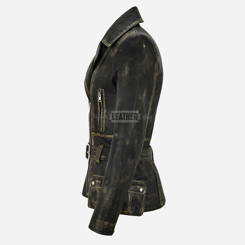 NAYSI Women Belted Leather Biker Jacket