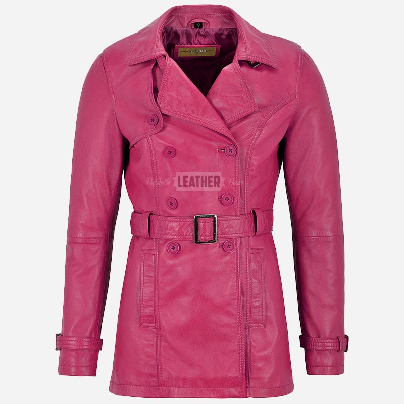 ESTWAVE Women's Double Breasted Leather Coat Pink