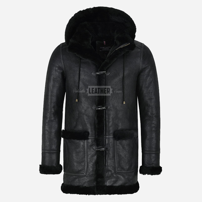 SELVADO Men's Black Sheepskin Duffle Coat