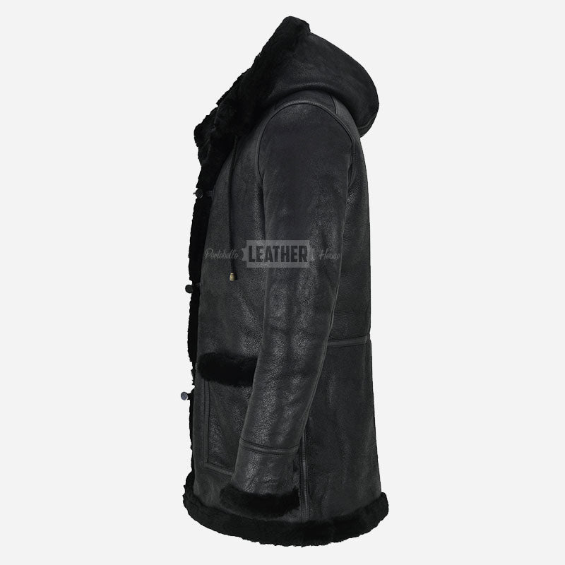 SELVADO Men's Black Sheepskin Duffle Coat