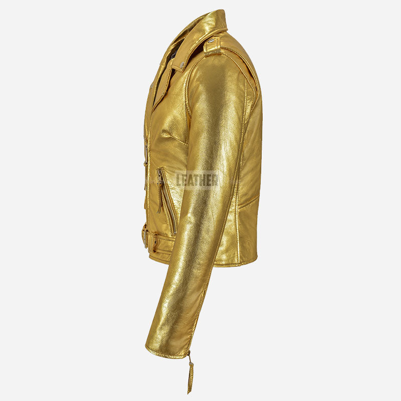 SYSSA Women’s Golden Leather Biker Jacket