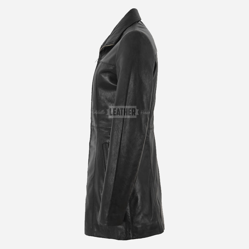 ELISE Women's Long Collared Leather Jacket Black