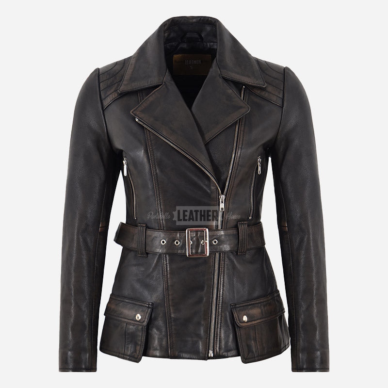 NAYSI Belted Leather Biker Jacket for Women