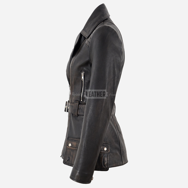 NAYSI Belted Leather Biker Jacket for Women