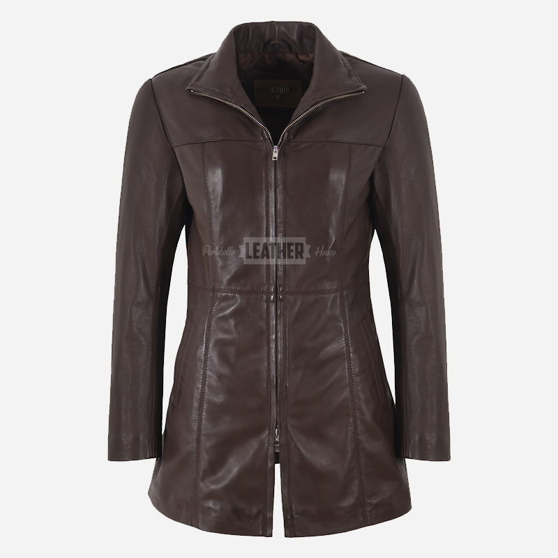 ELISE Women's Long Collared Leather Jacket Brown