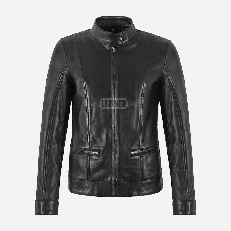 VARENA Women's Leather Racer Jacket Black