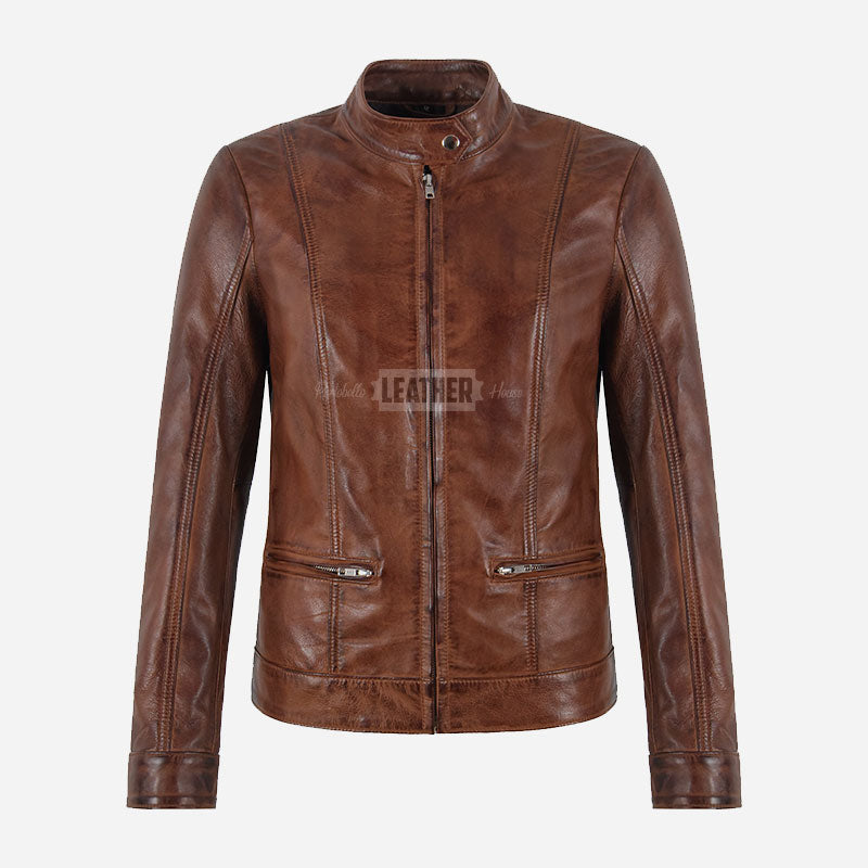 VARENA Women's Leather Racer Jacket in Chestnut