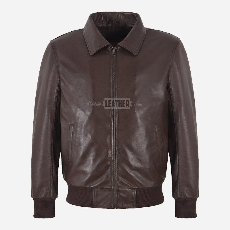 ROLF Brown Leather Bomber Jacket for Men