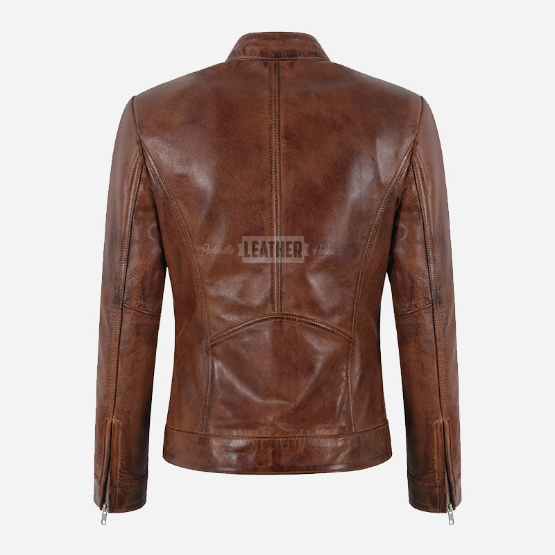 VARENA Women's Leather Racer Jacket in Chestnut