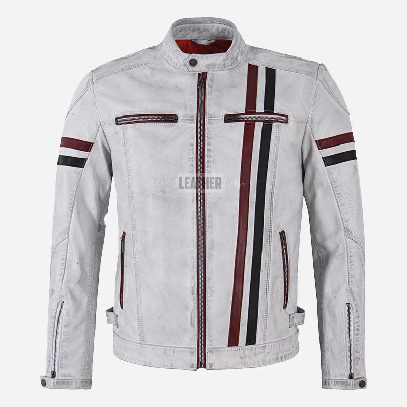 BRUEN Men's White Leather Biker Jacket