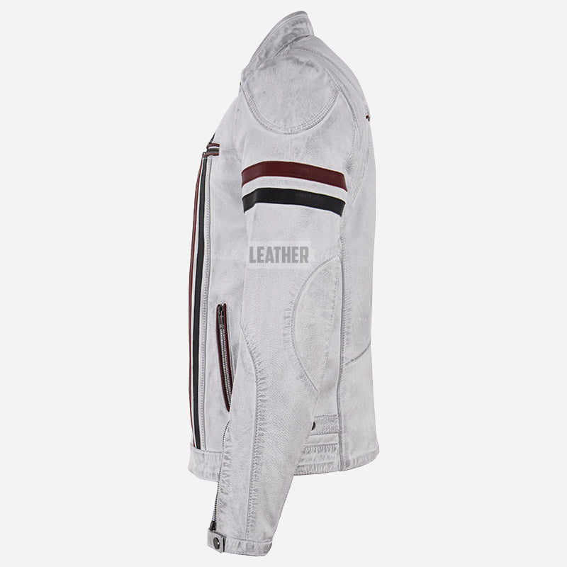 BRUEN Men's White Leather Biker Jacket