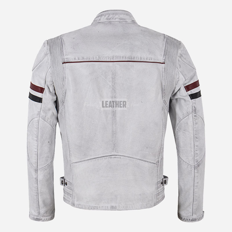 BRUEN Men's White Leather Biker Jacket