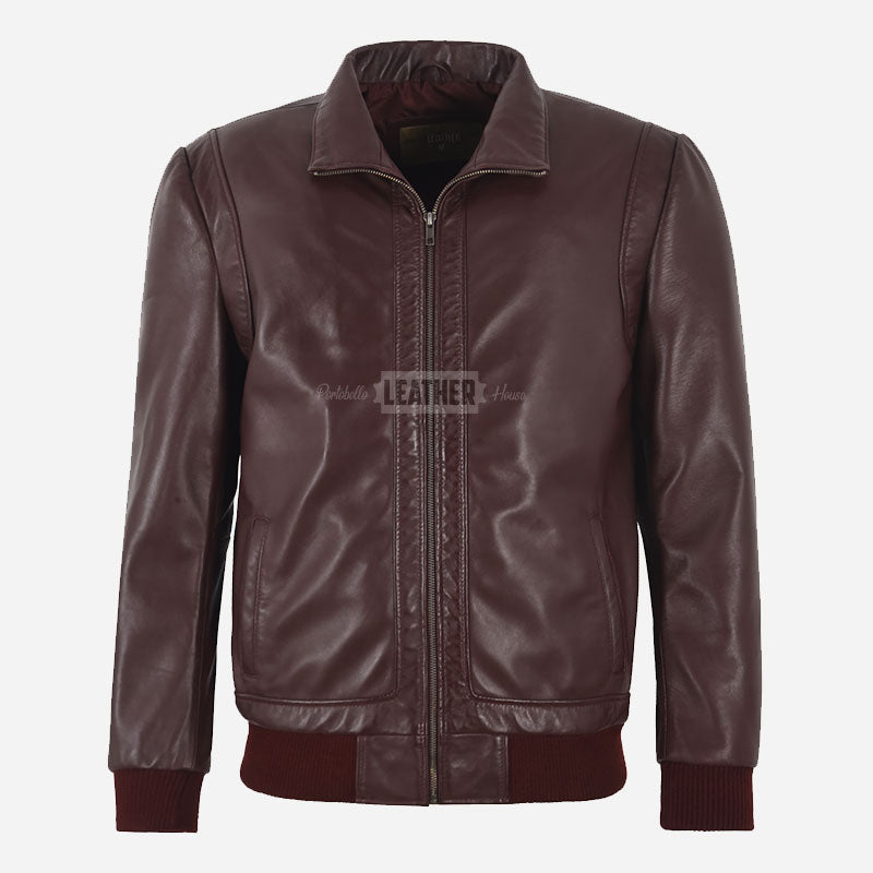 KARSEN Men's Leather Bomber Jacket in Burgundy