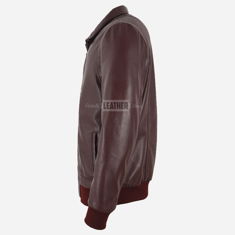 KARSEN Men's Leather Bomber Jacket in Burgundy