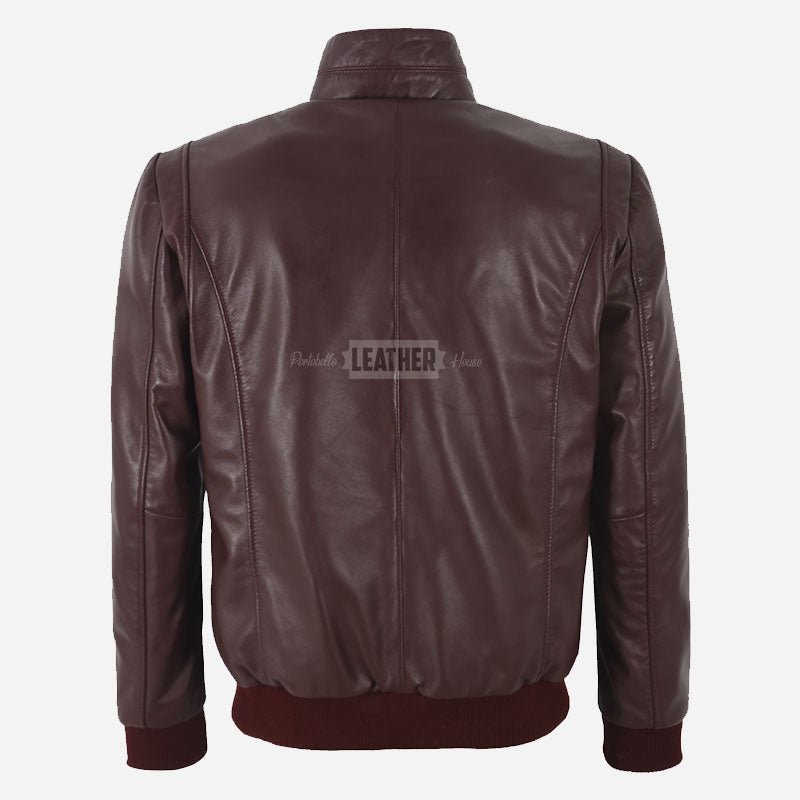 KARSEN Men's Leather Bomber Jacket in Burgundy
