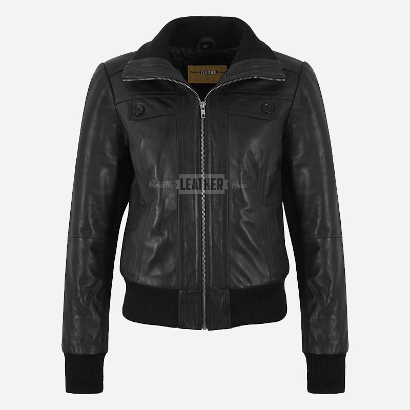 AURE Black Leather Bomber Jacket