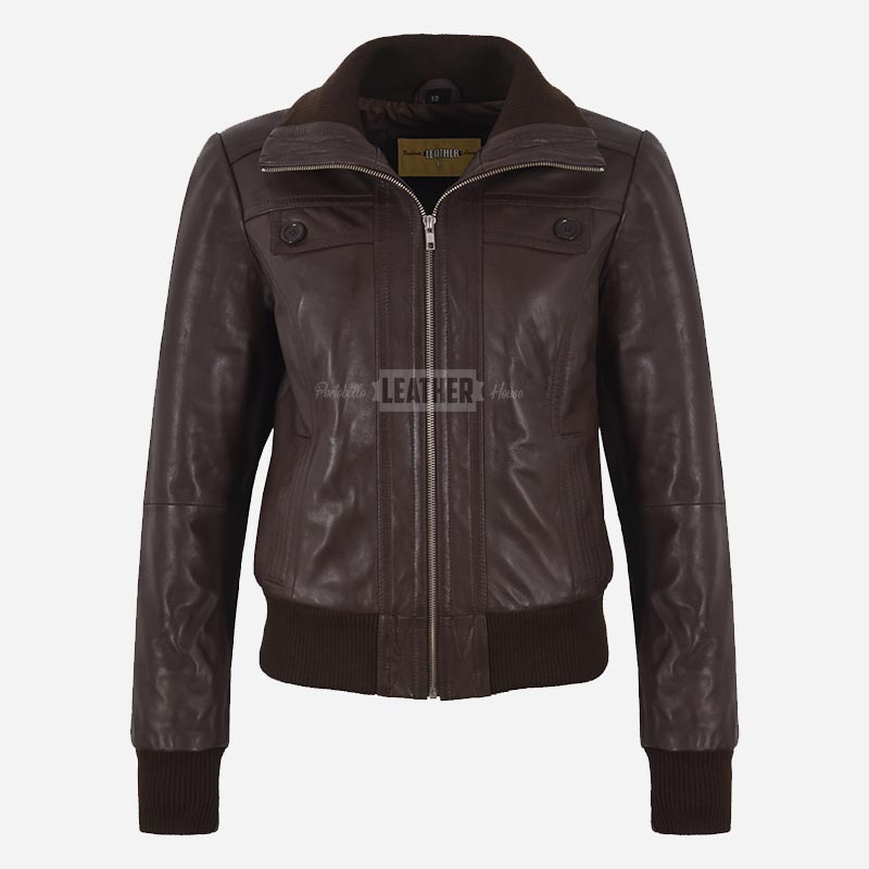 AURE Brown Leather Bomber Jacket