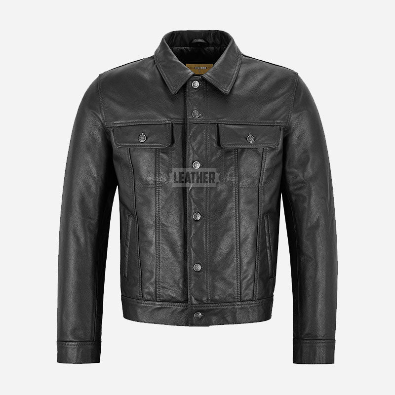 JAXELY Men's Trucker Leather Denim Jacket