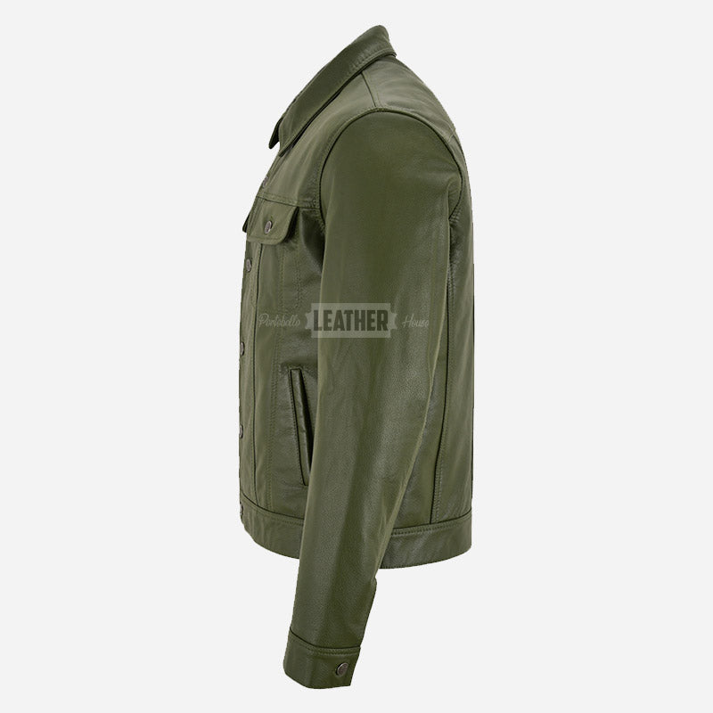 JAXLEY Men's Leather Trucker Jacket in Olive