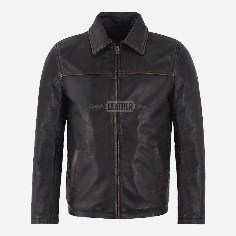 FRANKIE Men's Collared Vintage Leather Jacket