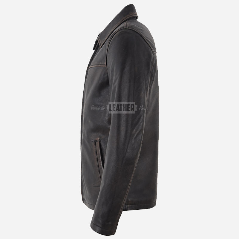 FRANKIE Men's Collared Vintage Leather Jacket