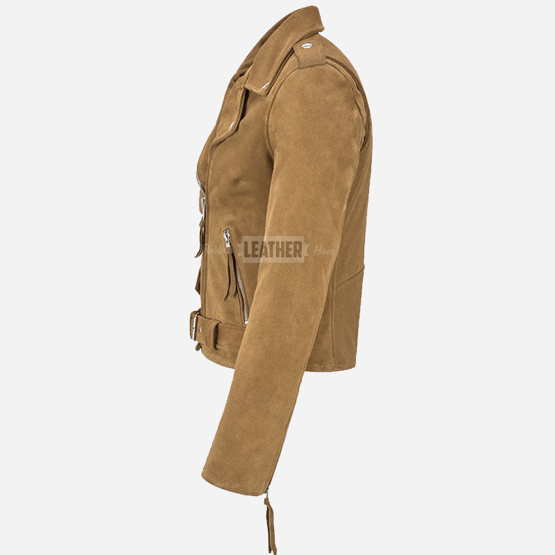 ASTRAE Women’s Suede Biker Jacket Beige