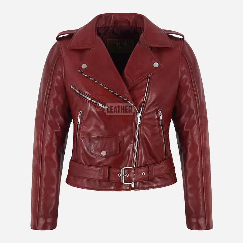 RILEN Women's Red Leather Biker Jacket
