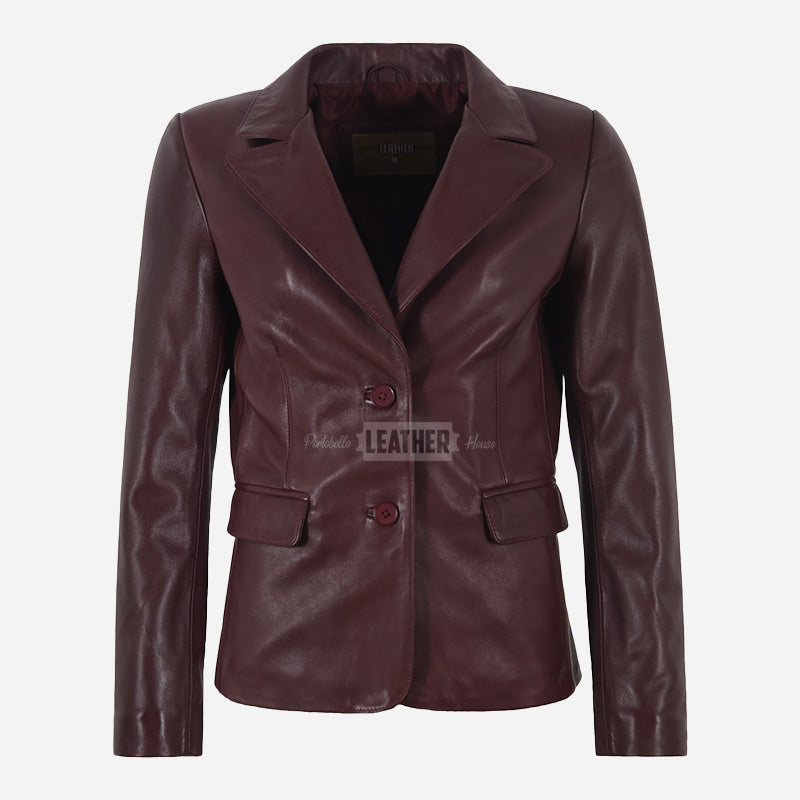 KAELIS Women's Leather Blazer in Burgundy