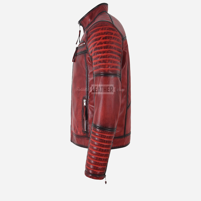 AZREN Men's Leather Biker Jacket Red Vintage