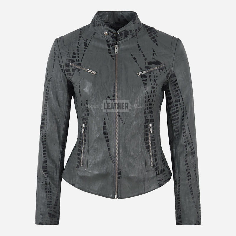 SYNA Women's Croc Print Leather Jacket