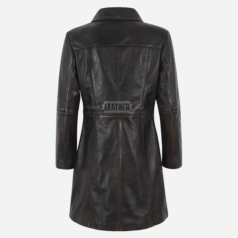 VIONNA Women's 3/4 Length Leather Coat Black Vintage
