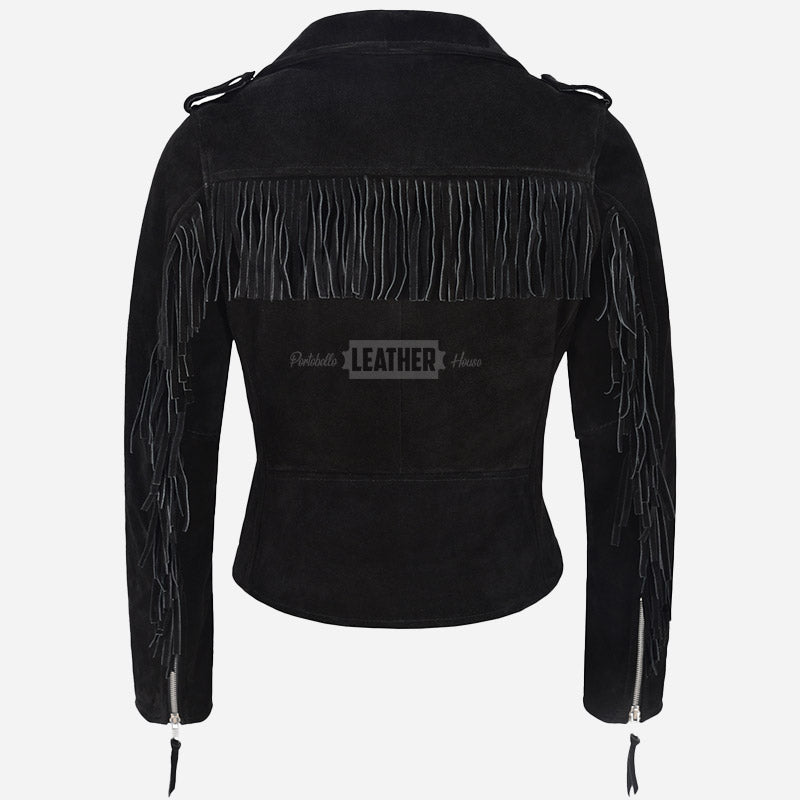 ZESSIA Women’s Fringe Suede Biker Jacket Black