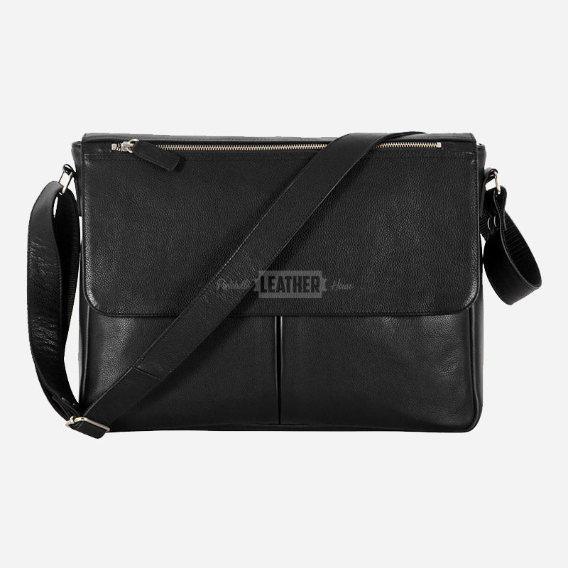 Black Leather Laptop Messenger Bag