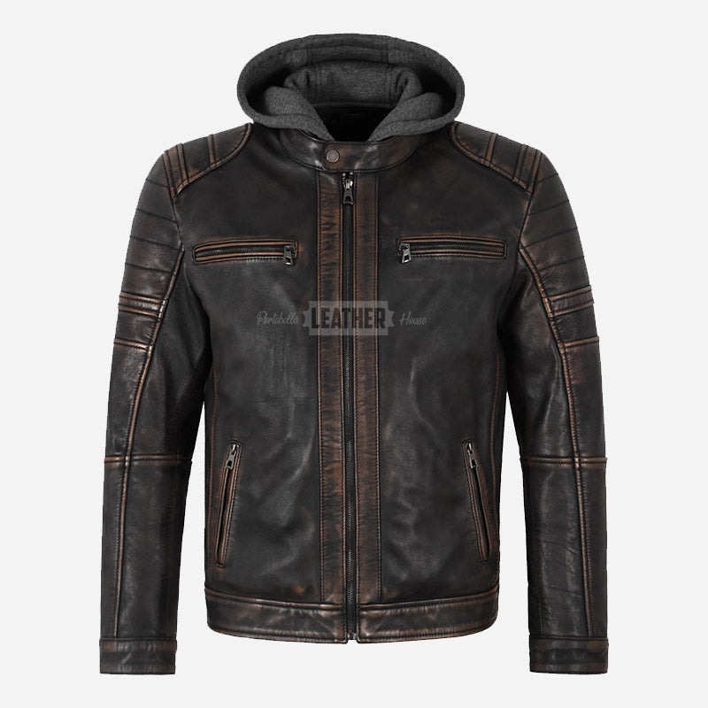 ESKORN Leather Jacket with Removable Hood