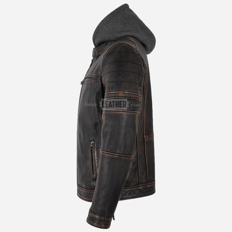ESKORN Leather Jacket with Removable Hood