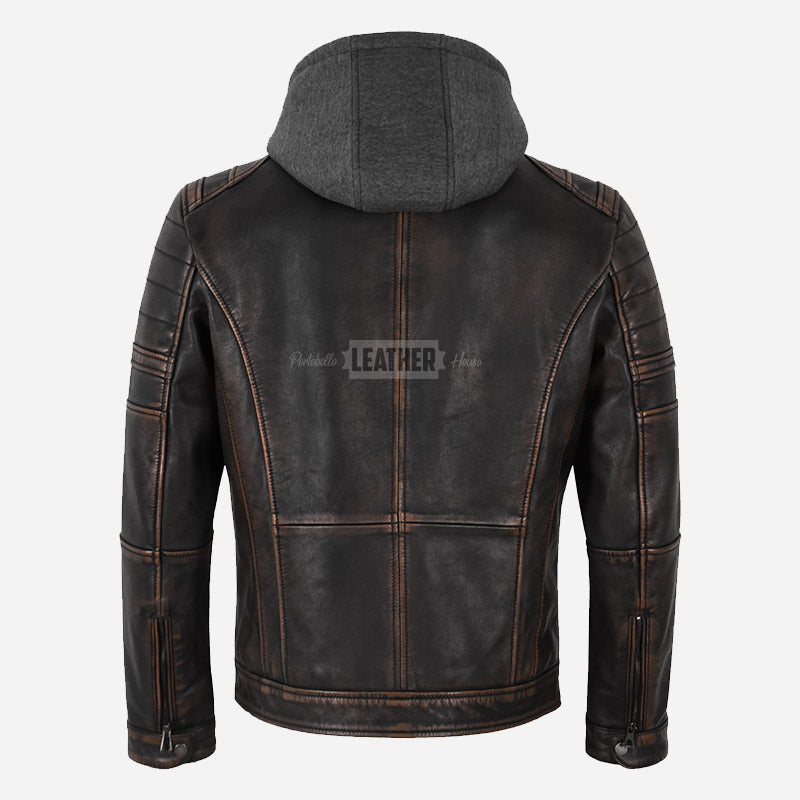 ESKORN Leather Jacket with Removable Hood
