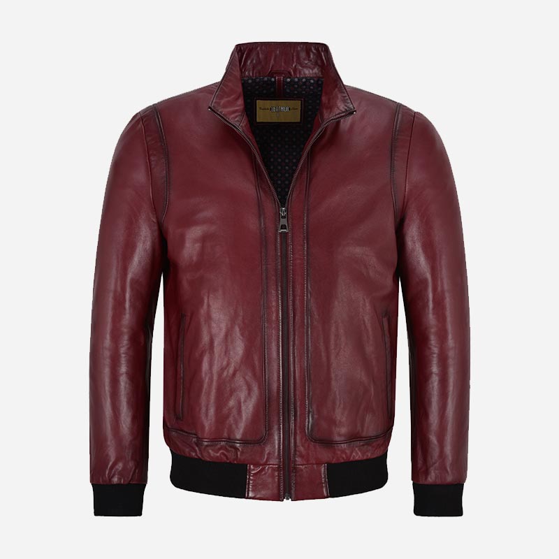 RULDEN Men's Leather Bomber Jacket Burgundy