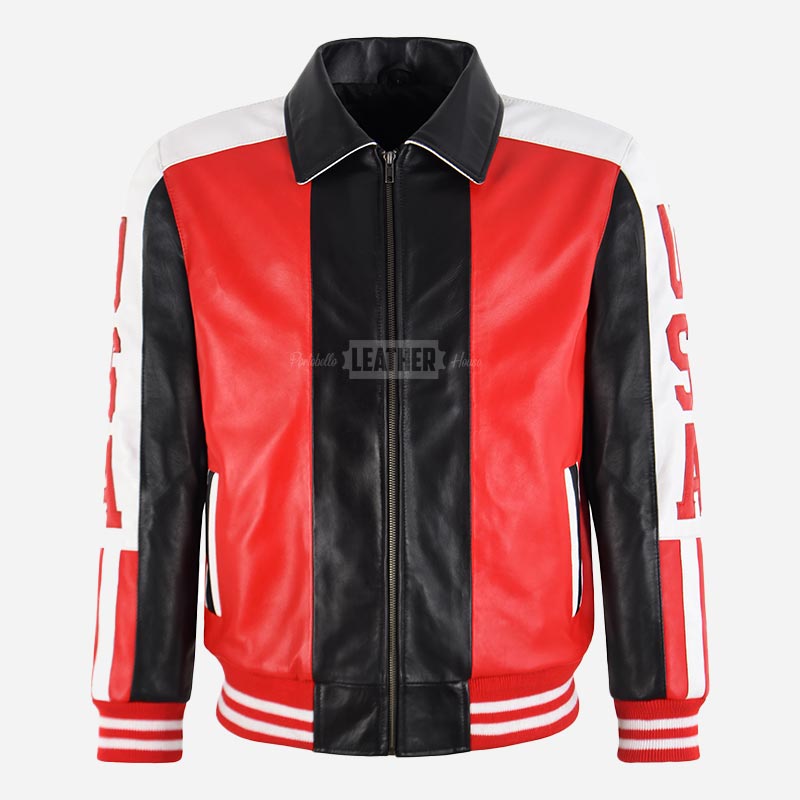USA American Flag Leather Bomber Jacket