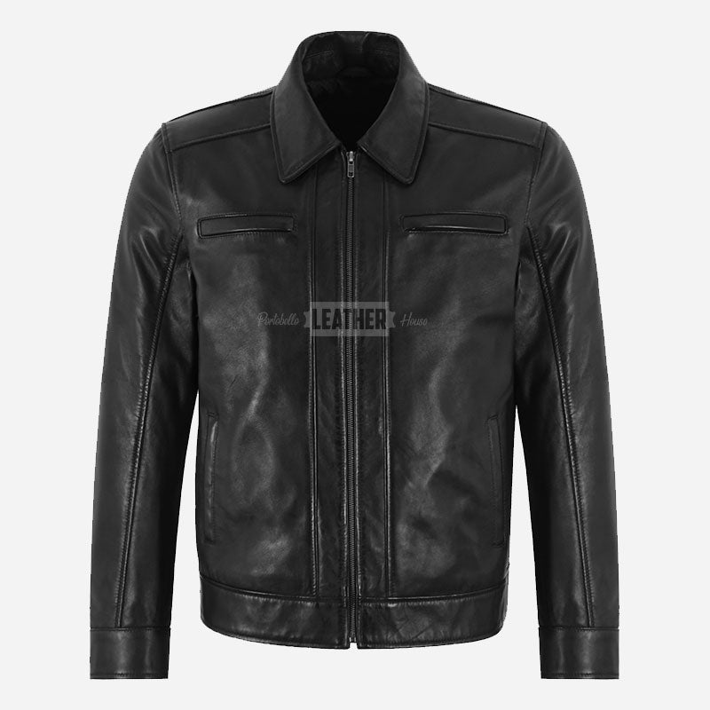 RELSIDE Men's Collared Leather Jacket Black