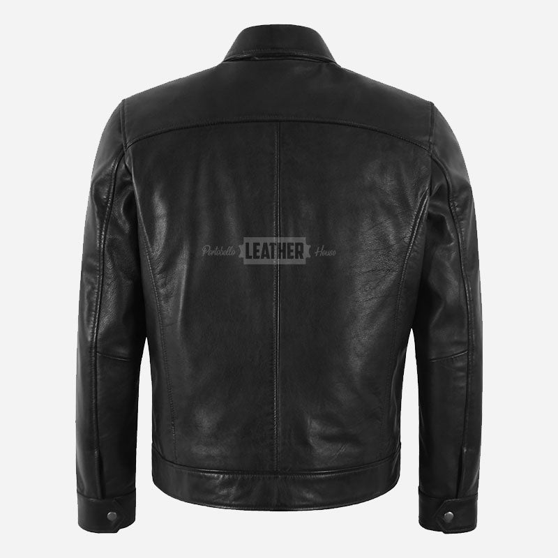RELSIDE Men's Collared Leather Jacket Black