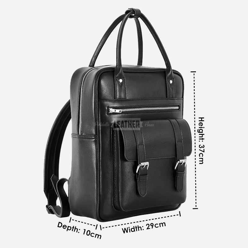 Unisex Black Leather Backpack Laptop Bag
