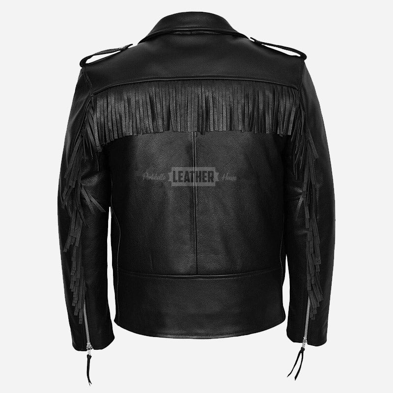 KRUZE Men’s Leather Biker Jacket with Fringes